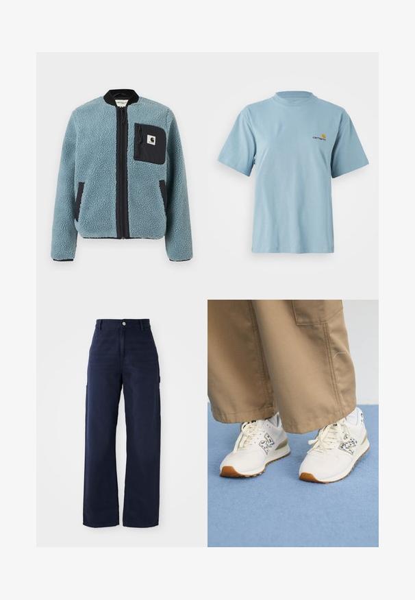 Blue fleece jacket with a textured surface, black zip pockets, standing collar, and front zipper. Features logo patch on chest pocket.; Light blue short-sleeve cotton t-shirt with round neck and small yellow and red Carhartt logo on left chest.; Navy blue wide-leg cargo pants with a sturdy cotton fabric, featuring side pockets and a button closure at the waist.; White athletic shoes with a textured, beige rubber sole. They feature a blue animal print accent and flat, beige laces, paired with tan pants.