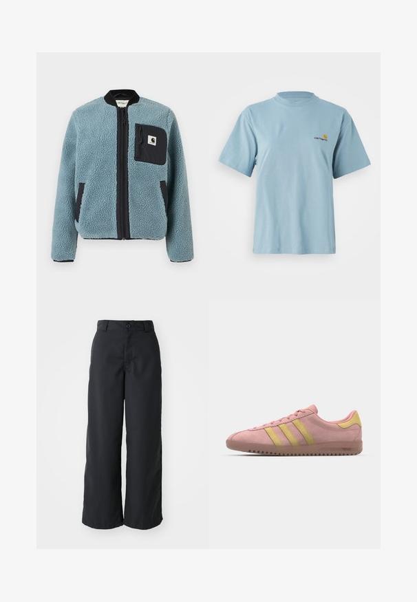 Kék bolyhos dzseki struktúrált felülettel, fekete cipzáros zsebekkel, álló gallérral és elülső cipzárral. A mellzseben logós folt található.; Világoskék, rövid ujjú pamut póló kerek nyakkal és apró sárga és piros Carhartt logóval a bal mellen.; Fekete, bő szabású nadrág sima anyagból, gombos záródással és oldalsó zsebekkel, letisztult dizájnnal és formázott siluettel.; Rózsaszín velúr edzőcipő három sárga csíkkal, lekerekített orral és texturált gumitalppal. Alacsony profilú kialakítás puha nyakkal.