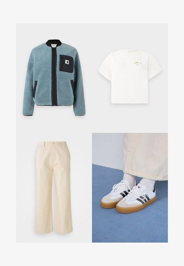 Zils flīsa jaka ar teksturētu virsmu, melnām rāvējslēdzēju kabatām, stāvošu apkakli un priekšējo rāvējslēdzēju. Iekļauj logotipa uzlādes kabatā uz krūtīm.; Baltas īsām piedurknēm t-krekls, izgatavots no kokvilnas, ar mazu zelta kalnu grafiku uz krūšu un brīvu, kvadrātveida piegriezumu.; Gai bēšas platā stila bikses no kokvilnas ar gludu tekstūru, ar priekšējo pogu aizdari un sānu kabatām.; Baltas sporta apavi ar melnām svītrām un beisīgo zamšādu akcentiem. Ievies struktūrētu gumijas zoli un izkārtotas baltas šnerves, valkāti ar gaišiem zeķēm.