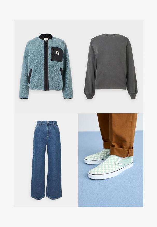 Zils flīsa jaka ar teksturētu virsmu, melnām rāvējslēdzēju kabatām, stāvošu apkakli un priekšējo rāvējslēdzēju. Iekļauj logotipa uzlādes kabatā uz krūtīm.; Pelēks garām piedurknēm sporta krekls ar apaļu kakla izgriezumu, izgatavots no mīksta auduma. Iespējamas ribotās piedurknes un brīvs piegriezums. Minimālistiskais dizains, bez motīviem.; Platleņķa zili džinsi ar augstu jostasvietu, kontrastējošām šuvēm un sānu kabatām, ar klasisku piecu kabatu dizainu un neapstrādātiem malām.; Kājas brūnās kostīmpantos, kuru apakšdaļa ir pacelta, valkājot pastelzaļus un baltus šaha raksta slip-on Vans apavus uz gaiši zilā paklāja grīdas.