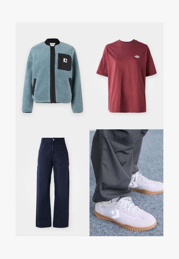 Modra flis jakna z teksturirano površino, črnimi zadrgami na žepih, stojnim ovratnikom in sprednjo zadrgo. Ima oznako na žepu na prsih.; Bordo bombažna majica s krojem na vratu, kratkimi rokavi in majhnim belim logotipom na levem prsnem predelu. Gladek material, sproščen kroj.; Mornarsko modri široki cargo hlače iz trdnega bombažnega blaga, z bočnimi žepi in gumbom za zapiranje na pasu.; Svetlosivi su novi čevlji iz semiša s gumijastim podplatom smeškom, sa belim logotipom zvezde i suptilnim detaljima šivanja, u kombinaciji s tamnim hlačama.