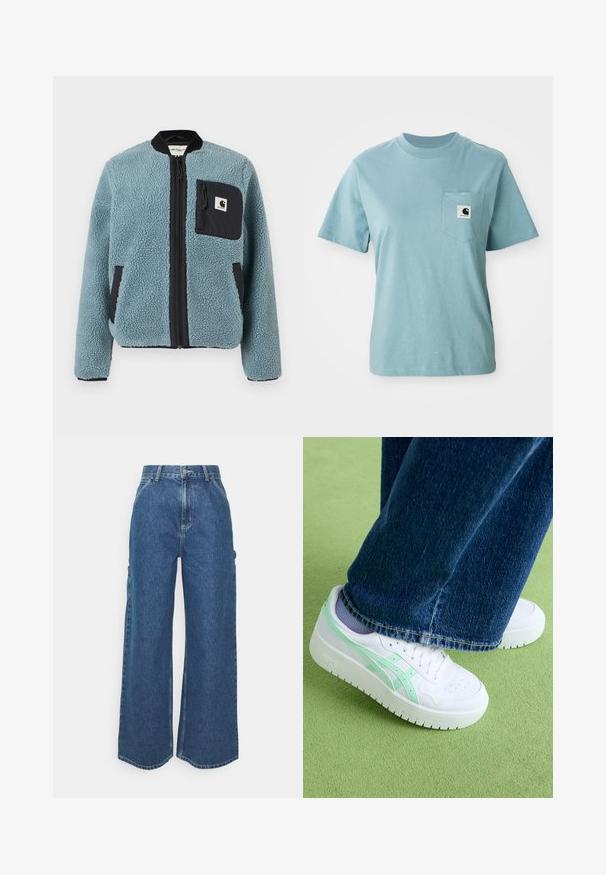 Veste en polaire bleue avec une surface texturée, poches zippées noires, col montant et fermeture éclair à l'avant. Présente un patch logo sur la poche de la poitrine.; T-shirt en coton léger bleu clair à manches courtes avec poche poitrine affichant un petit patch logo Carhartt noir et blanc.; Pantalons en denim bleu à jambes larges avec taille haute, couture contrastée et poches latérales, présentant un design classique à cinq poches et des ourlets bruts.; Baskets blanches avec des accents vert menthe, tige en cuir lisse, orteil perforé, semelle épaisse, portées avec un jean en denim bleu, sur une surface verte.