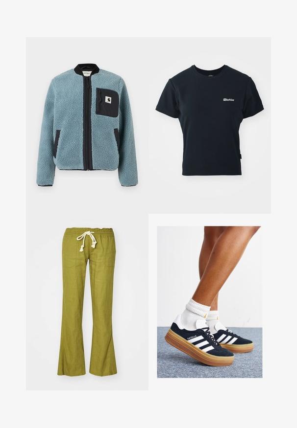 Veste en polaire bleue avec une surface texturée, poches zippées noires, col montant et fermeture éclair à l'avant. Présente un patch logo sur la poche de la poitrine.; T-shirt en coton noir à manches courtes, col rond, avec un petit logo brodé blanc sur la poitrine. Design classique et ajusté.; Pantalons évasés en lin vert avec une taille élastique et un cordon de serrage ajustable. Comprend deux poches latérales et une texture lisse.; Baskets en daim noir avec des rayures et des accents blancs, bout arrondi, semelle extérieure en caoutchouc gomme, associées à des chaussettes blanches côtelées mi-mollet.