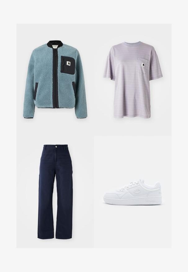 Kék bolyhos dzseki struktúrált felülettel, fekete cipzáros zsebekkel, álló gallérral és elülső cipzárral. A mellzseben logós folt található.; Világos lila, rövid ujjú póló, finom vízszintes csíkokkal és egy mellzsebbel, amelyen egy kis márka logó található. Puha pamut anyag.; Tengerészkék, bővebb, cargo stílusú nadrág strapabíró pamutból, oldalsó zsebekkel és gombos derékmegoldással.; Fehér sneaker sima szintetikus anyagból, kerek orral, lapos talppal, és diszkrét logó dekorációval az oldalán. Klasszikus alacsony fazon.