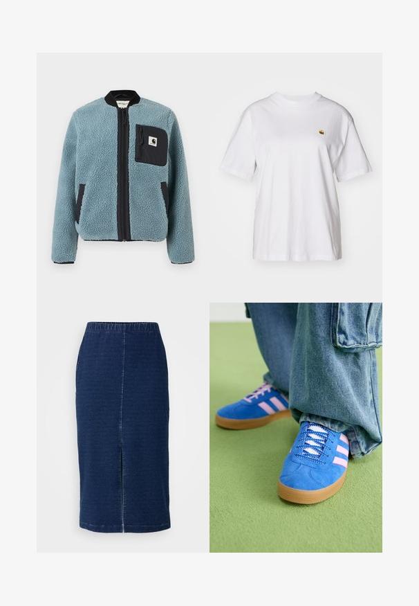 Blå fleecejakke med en teksturert overflate, svarte glidelåslommer, stående krage og frontglidelås. Har logopatch på brystlommen.; Hvit bomulls t-skjorte med avslappet passform, korte ermer og en liten brodert logo på venstre brystområde.; ONLY Carmakoma CARBOWIE MIDI TUBE SKIRT  - Jeansskjørt - naval academy; Blå skinnsko med rosa striper og hvite lisser, med såle av gummigummi, kombinert med løse denimbukser på et grønt underlag.