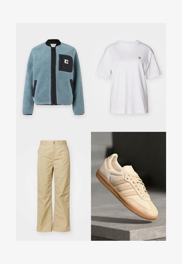Veste en polaire bleue avec une surface texturée, poches zippées noires, col montant et fermeture éclair à l'avant. Présente un patch logo sur la poche de la poitrine.; T-shirt en coton blanc avec une coupe décontractée, des manches courtes et un petit logo brodé sur la poitrine gauche.; Pantalons larges en coton beige avec une texture lisse, dotés de poches avant et d'un bouton en argent à la taille.; Sneaker en suède beige clair avec semelle en gomme, trois rayures diagonales et un capuchon de pied texturé. Logo sur la languette et sur le côté.