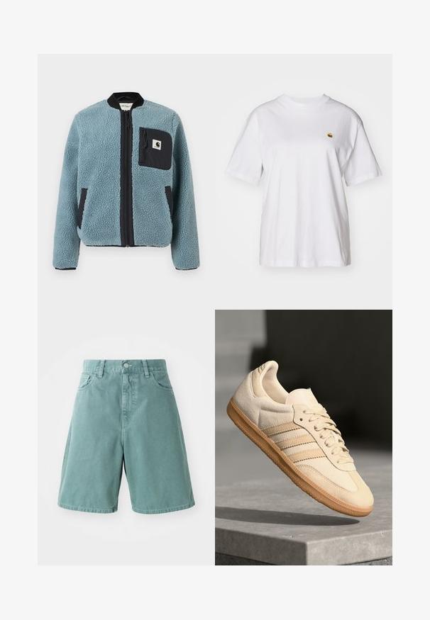 Blå fleecejakke med en teksturert overflate, svarte glidelåslommer, stående krage og frontglidelås. Har logopatch på brystlommen.; Hvit bomulls t-skjorte med avslappet passform, korte ermer og en liten brodert logo på venstre brystområde.; Grønne bomullsdenimshorts med høy midje, som har fem lommer og knappeåpning, designet med en avslappet passform og glatt tekstur.; Lys beige suedette sneakers med gummisåle, tre diagonale striper og en teksturert tåhette. Har logo på tungen og siden.