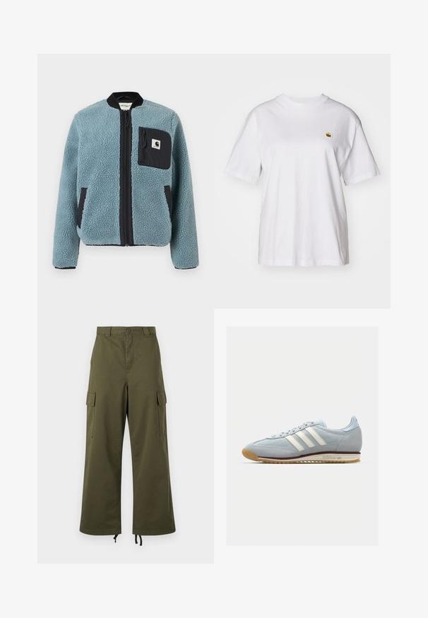 Niebieska polarowa kurtka o teksturowej powierzchni, czarne kieszenie na zamek, stojący kołnierz i zamek błyskawiczny z przodu. Posiada naszywkę z logo na kieszeni na piersi.; Biała bawełniana koszulka z luźnym krojem, krótkimi rękawami i małym haftowanym logo po lewej stronie klatki piersiowej.; Oliwkowe spodnie cargo wykonane z bawełny, z wysokim stanem, szerokimi nogawkami, bocznymi kieszeniami cargo i regulowanymi sznurkami u dołu.; Jasnoniebieskie zamszowe sneakersy z białymi trzema paskami, gumową podeszwą i teksturowaną siateczką. Posiadają gładki czubek oraz logo na pięcie.