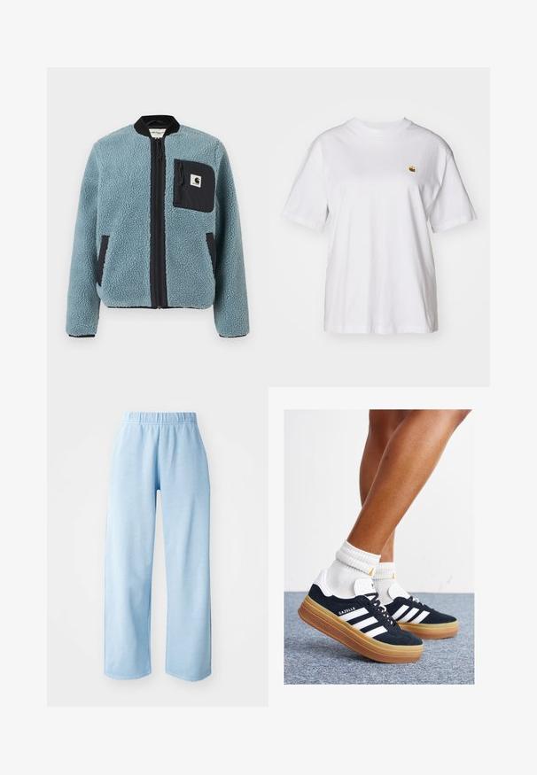 Kék bolyhos dzseki struktúrált felülettel, fekete cipzáros zsebekkel, álló gallérral és elülső cipzárral. A mellzseben logós folt található.; Fehér pamut póló laza szabással, rövid ujjakkal és egy kis hímzett logóval a bal mellrészén.; Világoskék, bő szabású nadrág, elasztikus derékkal. Puha anyagból készült, sima textúrával, látható minták vagy díszítések nélkül.; Fekete velúr sportcipő fehér csíkokkal és díszítésekkel, lekerekített orral, gumitalpú külső résszel, fehér bordázott bokazoknival párosítva.