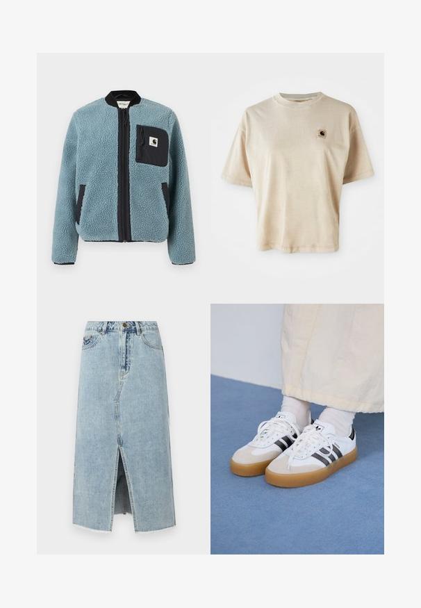 Kék bolyhos dzseki struktúrált felülettel, fekete cipzáros zsebekkel, álló gallérral és elülső cipzárral. A mellzseben logós folt található.; Beige pamut póló laza szabással, kerek nyakkal, rövid ujjakkal és egy kis négyzet alakú logóval a bal mellrészen.; Világoskék farmer szoknya, elöl hasítékkal, rojtos szegéllyel, öt zsebbel és gombos záródással a derekán. Klasszikus egyenes szabású kialakítás.; Fehér sportcipő fekete csíkokkal és bézs velúr részletekkel. Texturált gumi talppal és lapos fehér fűzőkkel rendelkezik, világos színű zoknival viselve.