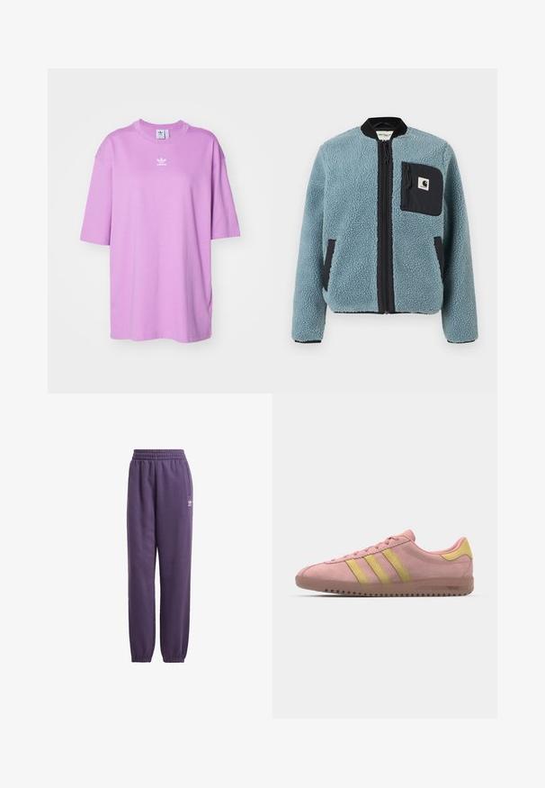 Modrá fleecová bunda s texturovaným povrchem, černými zipovými kapsami, stojatým límcem a předním zipem. Obsahuje nášivku loga na kapsičce na hrudi.; adidas Originals TEE - Jednoduché tričko - preloved purple; Fialové tepláky s elastickým pasem a manžetami, bočními kapsami a bílým logem. Vyrobené z měkké, pohodlné tkaniny pro maximální komfort.; Růžové semišové tenisky s třemi žlutými pruhy, kulatou špičkou a texturovanou gumovou podrážkou. Nízký profil s polstrovaným límcem.