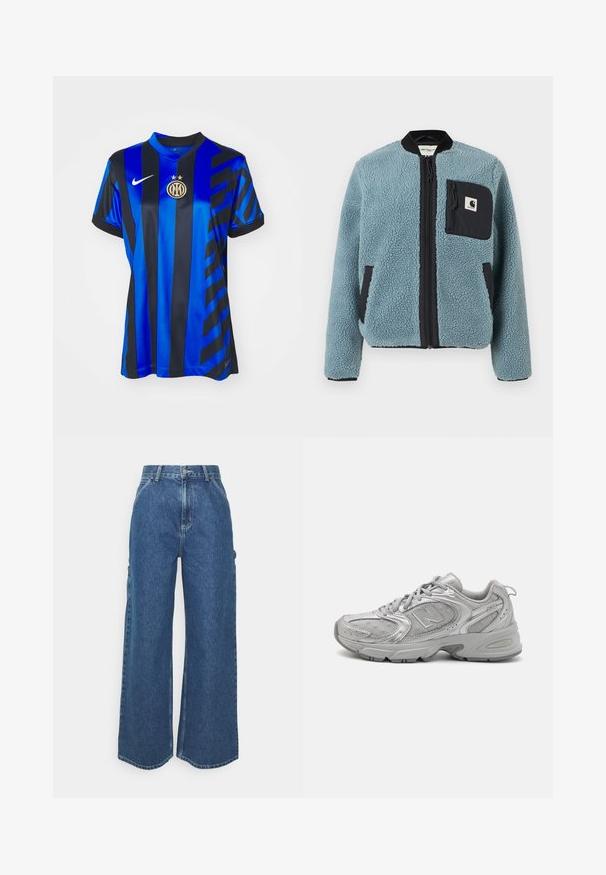Zils flīsa jaka ar teksturētu virsmu, melnām rāvējslēdzēju kabatām, stāvošu apkakli un priekšējo rāvējslēdzēju. Iekļauj logotipa uzlādes kabatā uz krūtīm.; Zils un melns svītrots futbola krekls, izgatavots no gludas auduma; ar apaļu kakla izgriezumu, īsām piedurknēm, Nike logotipu un komandas insigniju ar zvaigznēm.; Platleņķa zili džinsi ar augstu jostasvietu, kontrastējošām šuvēm un sānu kabatām, ar klasisku piecu kabatu dizainu un neapstrādātiem malām.; Sudraba sporta apavi ar elegantu dizainu, acs paneļiem, mīkstu valvi, teksturētu sintētisku virsu un gumijas zoli labākai saķerei.