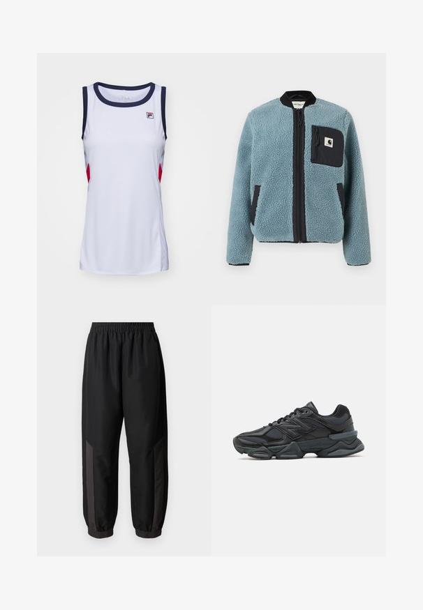 Blauwe fleecejack met een gestructureerd oppervlak, zwarte ritszakken, staande kraag en voorrits. Bevat een logo-opdruk op de borstzak.; Witte mouwloze sporttop met marineblauwe rand en rode accenten. Heeft een ronde halslijn en het Fila-logo op de borst. Glad, lichtgewicht materiaal.; Zwarte sportbroek van glad, lichtgewicht materiaal. Voorzien van een elastische tailleband, nauwsluitende boorden en donkere grijze zijpanelen met logo.; Zwarte hardloopschoen met een mix van mesh en synthetische materialen, een stevige zool, gebogen ontwerp en prominente branding op de zijkant.
