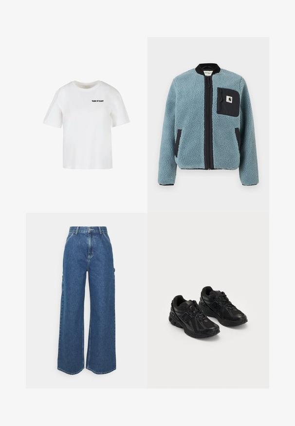 Kék bolyhos dzseki struktúrált felülettel, fekete cipzáros zsebekkel, álló gallérral és elülső cipzárral. A mellzseben logós folt található.; Fehér, rövid ujjú pamut póló, kerek nyakkivágással, elöl fekete színű "TAKE IT EASY" felirattal.; Széles szárú, kék farmernadrág magas derékkal, kontrasztos varrással és oldalsó zsebekkel, klasszikus öt zsebes kialakítással és nyers szegéllyel.; Fekete sportcipők hálós és szintetikus anyagból. Jellemzője a párnázott talp, a texturált minták és a dombornyomott márkázás az oldalon.