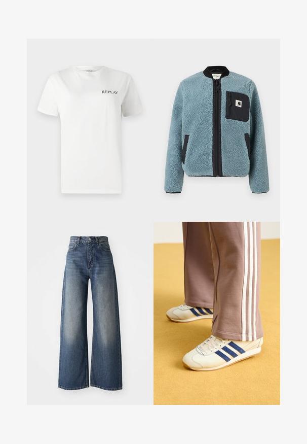 Blå fleecejakke med en tekstureret overflade, sorte lynlås lommer, opretstående krave og front lynlås. Har logo-patch på brystlommen.; Hvid bomulds T-shirt med korte ærmer, rund hals, med et lille sort "REPLAY" logo på venstre brystområde. Glat tekstur.; Blå højtaljede vide bukser med frontknap og lommer, falmet tekstur på lårerne og lige kant.; Creme sneakers med blå ruskindstriber, hvide snørebånd og gummisål. Parret med grå sweatpants med hvide sidestiber.