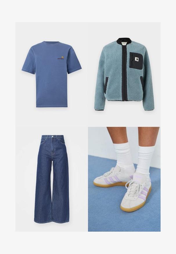 Veste en polaire bleue avec une surface texturée, poches zippées noires, col montant et fermeture éclair à l'avant. Présente un patch logo sur la poche de la poitrine.; T-shirt en coton bleu à manches courtes, avec un petit logo rouge et jaune sur la poitrine. Encolure ronde simple avec ourlet droit.; Jean large en denim bleu foncé. Conception taille haute avec fermeture éclair et bouton. Présente une coupe classique à cinq poches et des bords ourlés.; Baskets en suède gris clair avec trois rayures lilas, semelle en caoutchouc gomme, lacets plats et chaussettes blanches côtelées. Fond bleu.