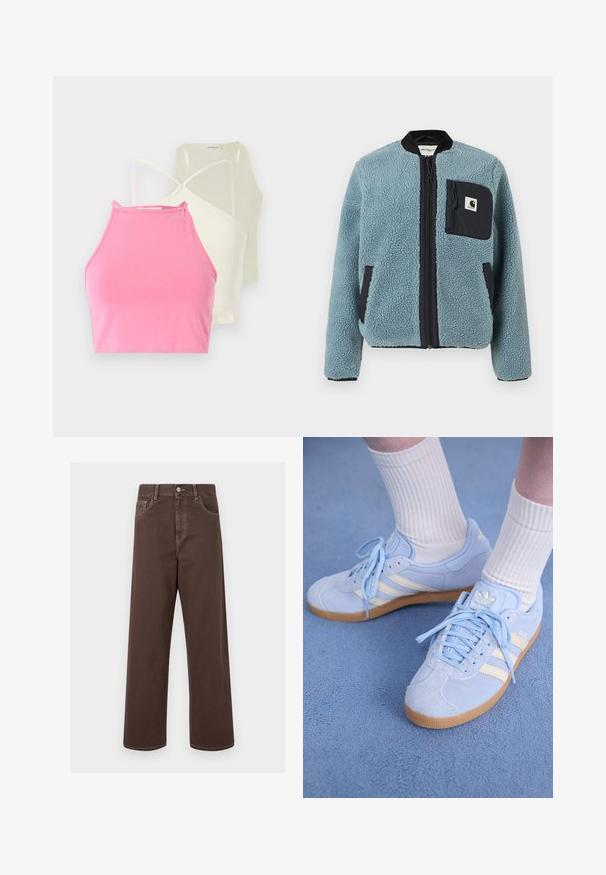 Kék bolyhos dzseki struktúrált felülettel, fekete cipzáros zsebekkel, álló gallérral és elülső cipzárral. A mellzseben logós folt található.; Három pántnélküli crop top rózsaszín, krém és pasztell sárga színben. Mindegyik testhez álló kialakítással rendelkezik, vékony pántokkal és sima pamut textúrával.; Barna, bővített lábú farmernadrág kontrasztos varrással, öt zsebbel és fémből készült gombos záródással. Sima textúra, egyenes szabás.; Világoskék velúr sportcipők fehér csíkokkal, lapos fűzőkkel és gumi talppal. Domború fehér zoknik vannak viselve a boka felett.