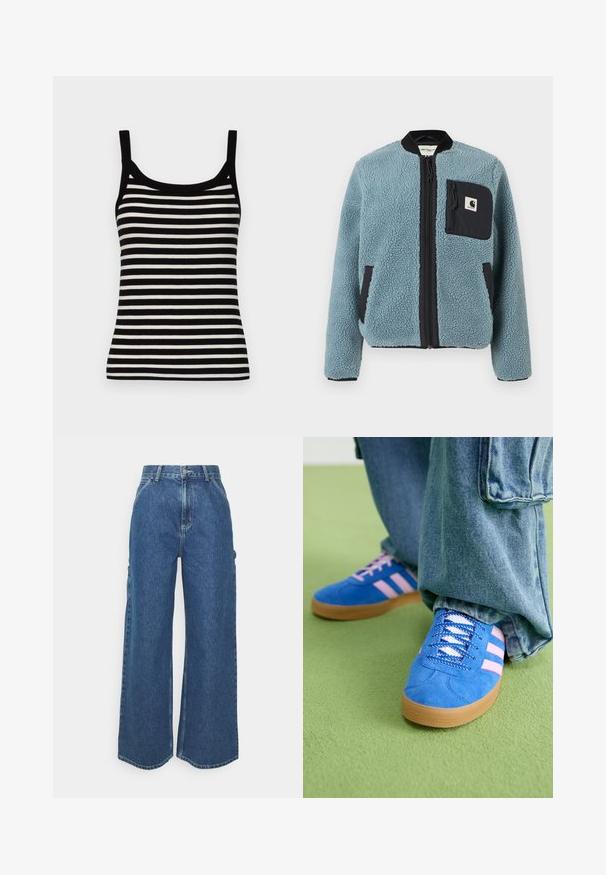 Chaqueta de forro polar azul con una superficie texturizada, bolsillos con cremallera negros, cuello alto y cremallera frontal. Presenta un parche con el logo en el bolsillo del pecho.; GAP MOD RIB - Top - black/white; Pantalones vaqueros de pierna ancha en azul con cintura alta, costuras en contraste y bolsillos laterales, que cuentan con un diseño clásico de cinco bolsillos y dobladillos sin rematar.; Zapatos de gamuza azul con rayas rosas y cordones blancos, con una suela de goma, combinados con pantalones denim holgados sobre una superficie verde.