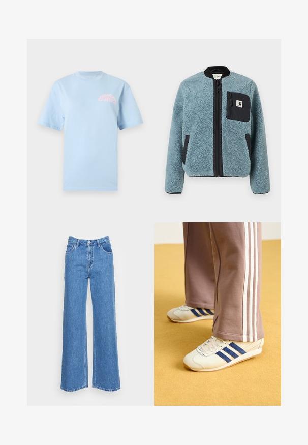 Chaqueta de forro polar azul con una superficie texturizada, bolsillos con cremallera negros, cuello alto y cremallera frontal. Presenta un parche con el logo en el bolsillo del pecho.; Camiseta de algodón azul claro con mangas cortas y cuello redondo. Presenta un logotipo de texto rosa en el área del lado izquierdo del pecho. Textura suave, corte relajado.; Jeans de denim azul de pierna ancha con cintura alta, que cuentan con dos bolsillos delanteros y cierre de botón. La tela tiene un acabado ligeramente texturizado.; Zapatillas de crema con rayas de ante azul, cordones blancos y suela de goma. Combinadas con pantalones de chándal grises que presentan rayas laterales blancas.