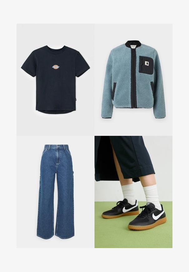 Modra flis jakna z teksturirano površino, črnimi zadrgami na žepih, stojnim ovratnikom in sprednjo zadrgo. Ima oznako na žepu na prsih.; Črna bombažna majica s kratkimi rokavi, okroglim ovratnikom in majhnim večbarvnim logotipom na prsih. Ravni rob z nekoliko daljšim hrbtom.; Široke modre denim hlače z visokim pasom, kontrastnim šivom in stranskimi žepi, ki vključujejo klasičen pet-džepni dizajn in robove brez obdelave.; Črne usnjene in sintetične superge z belim Nike swooshom, gumo na podplatu, okroglo konico ter črnimi vezalkami. Vidne so rebraste bele nogavice.