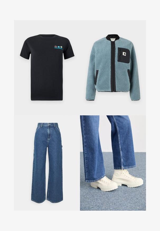 Blå fleecejakke med en teksturert overflate, svarte glidelåslommer, stående krage og frontglidelås. Har logopatch på brystlommen.; Svart bomulls t-skjorte med korte ermer, med et fargerikt logodesign med rosa, blå og grønne elementer på venstre brystområde.; Videbeinete blå denimbukser med høy midje, kontraststing, og sidelommer, med et klassisk fem-lommers design og rå kanter.; Hvite høyhælte joggesko med tykke, rillede såler og sirkulær logo detalj, brukt med lyseblå, vide denim jeans.