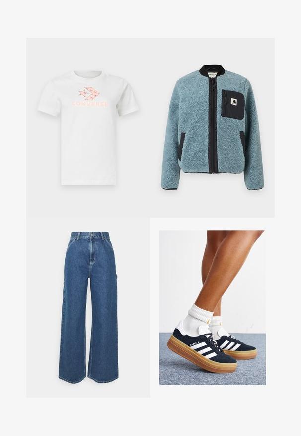 Casaco polar azul com superfície texturizada, bolsos com fecho preto, colarinho alto e fecho frontal. Apresenta um emblema no bolso do peito.; T-shirt branca de algodão com um logotipo impresso em rosa e design gráfico na frente. Mangas curtas e um decote redondo clássico.; Calças de ganga azuis de perna larga com cintura alta, costuras em contraste e bolsos laterais, apresentando um design clássico de cinco bolsos e bainhas desfiadas.; Ténis de camurça preta com riscas e detalhes brancos, biqueira arredondada, sola em borracha cor de goma, combinados com meias brancas caneladas até à altura do tornozelo.