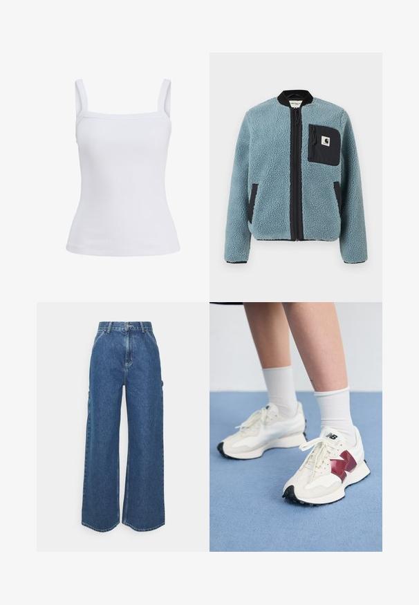 Kék bolyhos dzseki struktúrált felülettel, fekete cipzáros zsebekkel, álló gallérral és elülső cipzárral. A mellzseben logós folt található.; Fehér bordázott ujjatlan felső keskeny pántokkal és testhez simuló szabással, puha pamut keverékből készült. Nincsenek mintázatok vagy díszítések.; Széles szárú, kék farmernadrág magas derékkal, kontrasztos varrással és oldalsó zsebekkel, klasszikus öt zsebes kialakítással és nyers szegéllyel.; Fehér sneaker pár, bordó kiegészítőkkel, texturált panelekkel, lapos fekete talppal és világos fűzőkkel, fehér bokazoknival viselve.