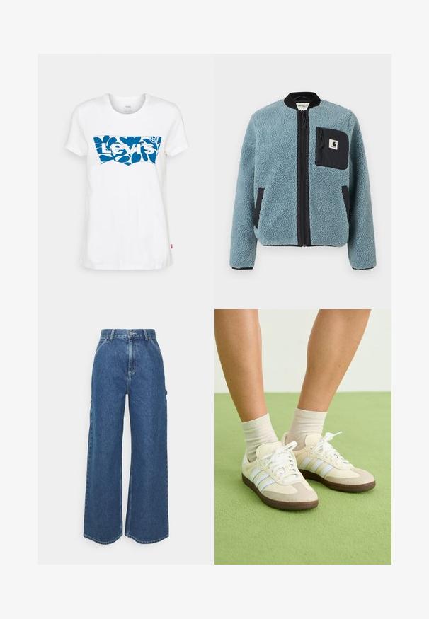 Mėlyna fliso striukė su tekstūruota paviršiumi, juodomis užtrauktukų kišenėmis, stovinčiu apykakle ir priekiniais užtrauktukais. Ant krūtinės kišenės yra logotipo pleistras.; Levi's® THE PERFECT TEE - Marškinėliai su spaudiniu - sugar swizzle; Plačios mėlynos džinsinės kelnes su aukštu juosmeniu, kontrastingais siūlais ir šoninėmis kišenėmis, turinčios klasikinį penkių kišenių dizainą ir brutalius kraštus.; Samba kedukai su kremine ir smėline spalvų schema, turintys tris šviesiai mėlynas juostas, baltus raištelius ir rudus guminius padus.