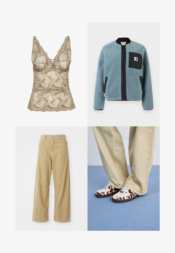 Zils flīsa jaka ar teksturētu virsmu, melnām rāvējslēdzēju kabatām, stāvošu apkakli un priekšējo rāvējslēdzēju. Iekļauj logotipa uzlādes kabatā uz krūtīm.; Bežs mežģīņu topiņš ar V-veida kaklu, ar viļņainajiem malā un ziedu rakstu. Mīksta tekstūra ar sarežģītiem dekoratīviem elementiem.; Bēša korduroja bikses ar augstu jostasvietu, platām kājām, priekšējiem kabatām un vienu metāla pogu aizdari. Mīksta tekstūra ar smalku ribojumu.; Baltie un brūnie zīmējumu kedu pāris ar acs un ādas materiālu, aprīkoti ar brūniem gumijas zoliem. Saskaņotas ar gaismas bēšām platu kāju biksēm.