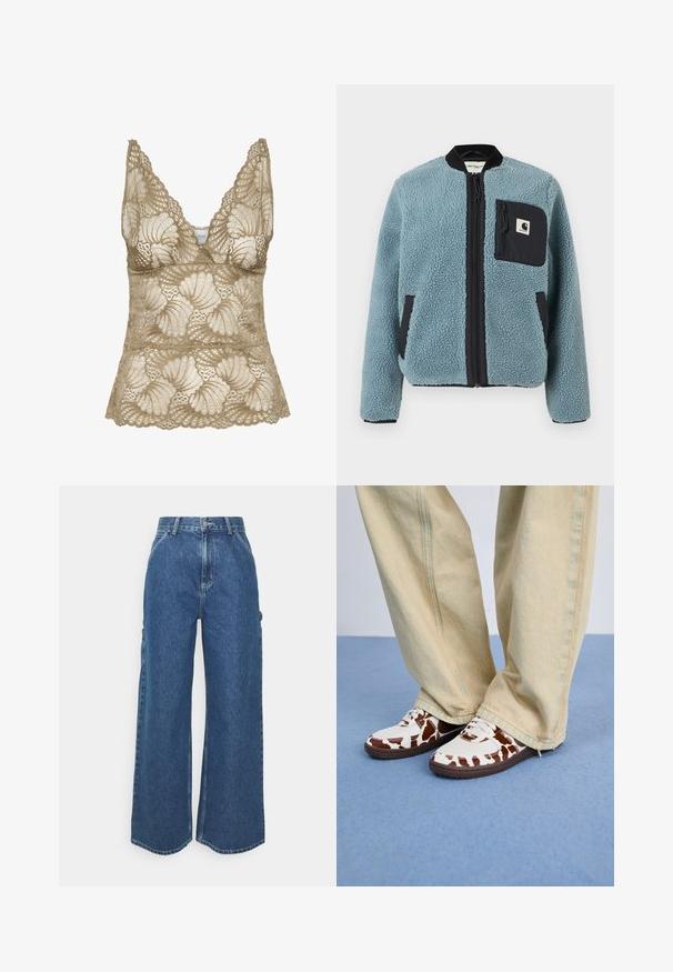 Mėlyna fliso striukė su tekstūruota paviršiumi, juodomis užtrauktukų kišenėmis, stovinčiu apykakle ir priekiniais užtrauktukais. Ant krūtinės kišenės yra logotipo pleistras.; Bežinis nėriniuotas korsetas su V formos iškirpte, su banguotais kraštais ir gėlių raštu. Minkšta tekstūra su išsamiu apdaila.; Plačios mėlynos džinsinės kelnes su aukštu juosmeniu, kontrastingais siūlais ir šoninėmis kišenėmis, turinčios klasikinį penkių kišenių dizainą ir brutalius kraštus.; Balti ir rudi raštuoti sportbačiai su tinkliniu audiniu ir oda, su rudais guminiais padu. Suderinti su šviesiai smėlinėmis plačiomis kelnėmis.