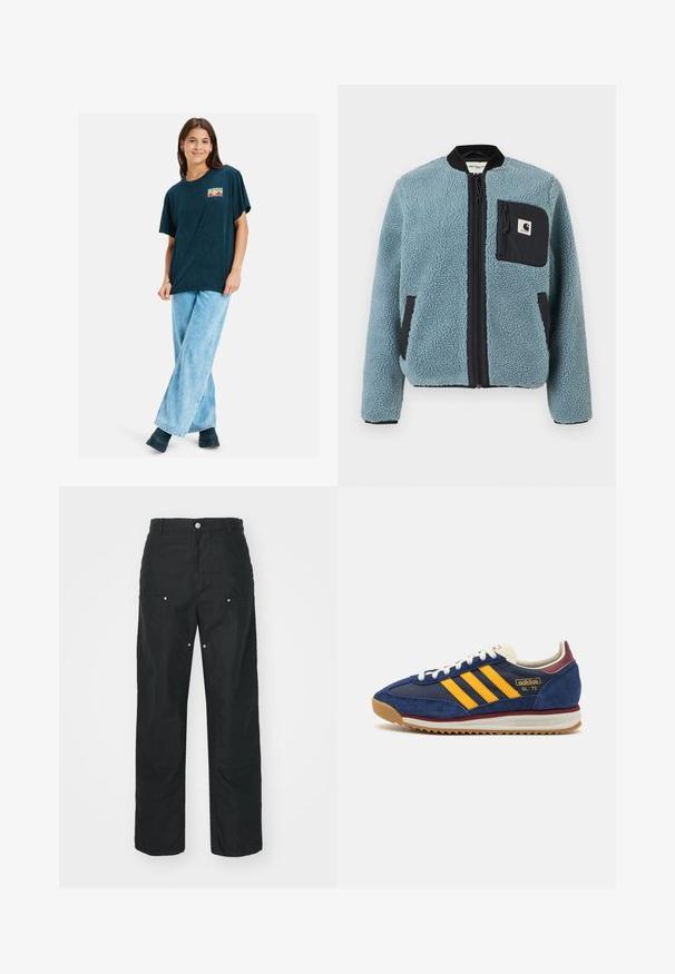 Sinine fliisjakk tekstuuriga pinnaga, mustade lukuga taskud, seisva kaelusega ja ees lukuga. Rindade taskul on logoapplikatsioon.; Tumesinine ülemõõduline T-särk lühikeste varrukatega, millel on värvikas graafiline trükk rinnal. Kanda helesiniste laia säärega teksade ja mustade saapadega.; Mustad püksid sirge säärega, valmistatud tekstuurses kangas. Dekoratiivsed hõbedased detailid ja ainulaadne õmblusteenus.; Tumed sametist tenniset kollaste triipudega, valgete paeltega ja burgeoone aktsentidega. Tekstureeritud tallal on sooned haardeks. Brändi logo küljel.