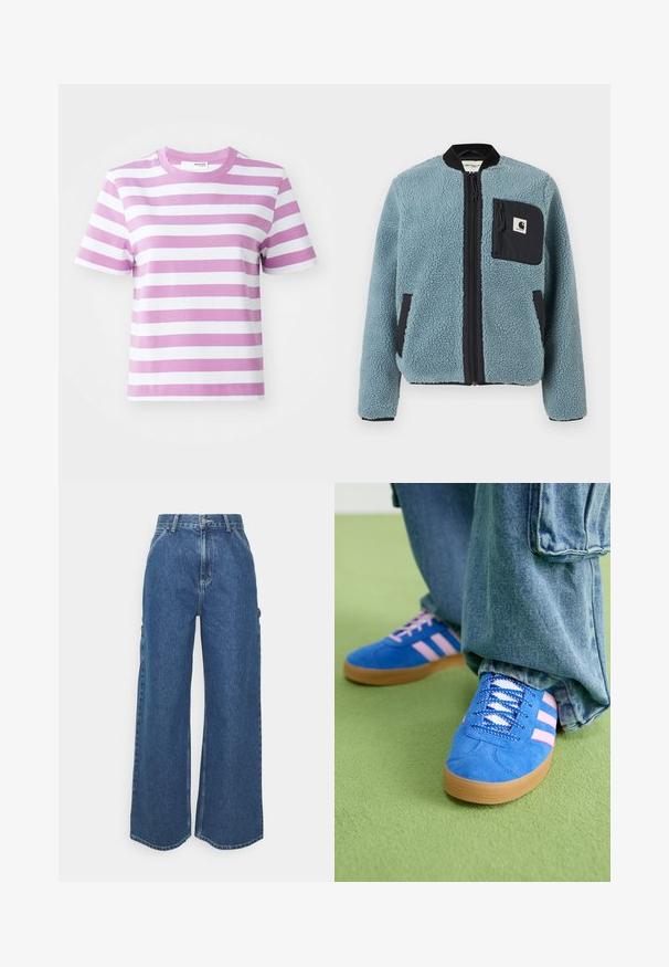 Blue fleece jacket with a textured surface, black zip pockets, standing collar, and front zipper. Features logo patch on chest pocket.; Selected Femme SLFESSENTIAL STRIPED BOXY TEE - Print T-shirt - first bloom; Wide-leg blue denim trousers with a high waist, contrasting stitching, and side pockets, featuring a classic five-pocket design and raw hems.; Blue suede shoes with pink stripes and white laces, featuring a gum rubber sole, paired with loose denim pants on a green surface.