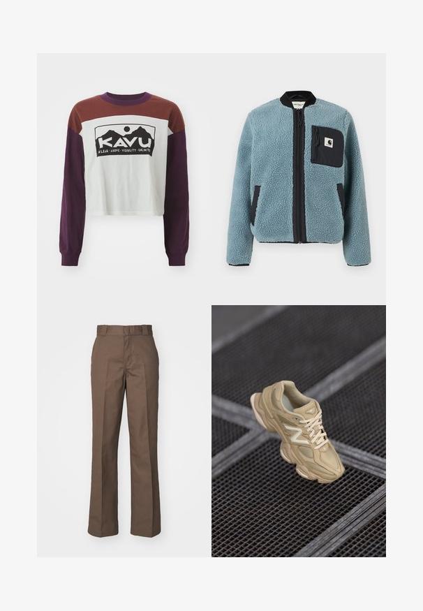 Mėlyna fliso striukė su tekstūruota paviršiumi, juodomis užtrauktukų kišenėmis, stovinčiu apykakle ir priekiniais užtrauktukais. Ant krūtinės kišenės yra logotipo pleistras.; KAVU FRANCIS - Ilgarankovis viršutinės dalies drabužis - canyon ranch; Rudos medvilnės kelnes su tiesiomis kojomis, turinčiomis lygų priekį ir diržo kilpas. Lygus paviršius, be matomų raštų ar akcentų.; Bežiniai sportiniai bateliai, pagaminti iš nailono ir zomšos, tekstūruotas viršus, suapvalintas toe, storesnė padas ir ryškus logotipas. Raišteliai suderintos spalvos.