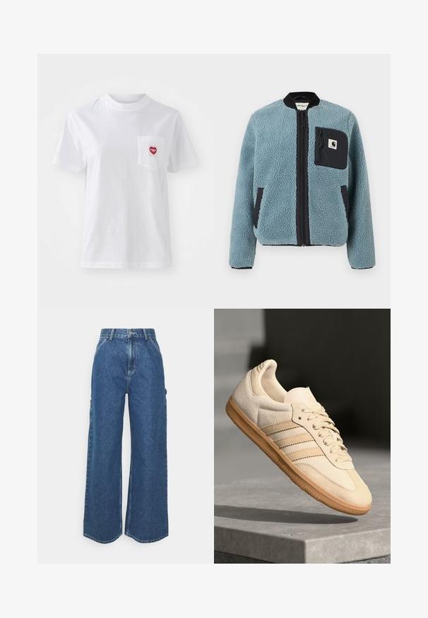 Chaqueta de forro polar azul con una superficie texturizada, bolsillos con cremallera negros, cuello alto y cremallera frontal. Presenta un parche con el logo en el bolsillo del pecho.; Camiseta blanca de manga corta hecha de algodón, con un pequeño diseño de bolsillo en forma de corazón rojo que lleva el texto "Carhartt WIP". Textura suave.; Pantalones vaqueros de pierna ancha en azul con cintura alta, costuras en contraste y bolsillos laterales, que cuentan con un diseño clásico de cinco bolsillos y dobladillos sin rematar.; Zapatillas de ante beige claro con suela de goma, tres rayas diagonales y una puntera texturizada. Presenta el logo en la lengüeta y en el lateral.