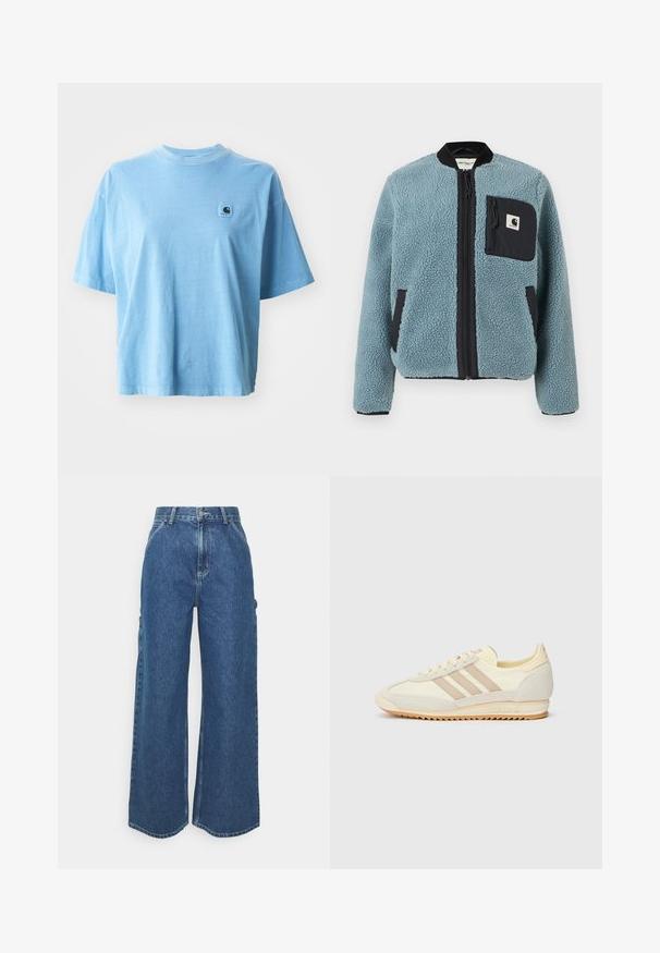 Blue fleece jacket with a textured surface, black zip pockets, standing collar, and front zipper. Features logo patch on chest pocket.; Light blue cotton t-shirt with a round neck, short sleeves, and a square logo patch on the left chest. Soft texture and relaxed fit.; Wide-leg blue denim trousers with a high waist, contrasting stitching, and side pockets, featuring a classic five-pocket design and raw hems.; Cream athletic sneaker featuring three beige stripes, suede and textile materials, a textured sole, and embossed branding on the heel.