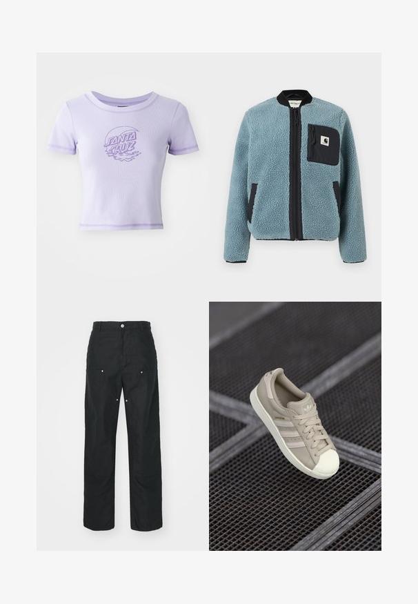 Plava flis jakna s teksturiranom površinom, crnim zatvaračima na džepovima, uspravnim ovratnikom i prednjim zatvaračem. Ima logotip na džepu na prsima.; Ljubičasta prilagođena majica s kratkim rukavima, okruglim izrezom i kontrastnim šavovima. Ima grafički dizajn "SANTA CRUZ" na prednjoj strani.; Crne hlače ravnog kroja, napravljene od teksturirane tkanine. Sadrže dekorativne srebrne detalje i jedinstveno obrubljene šavove.; Bež Adidas Superstar tenisice s teksturiranim kožnim gornjištem, tri bočne pruge, okrugli vrh i logotip na jeziku i peti.