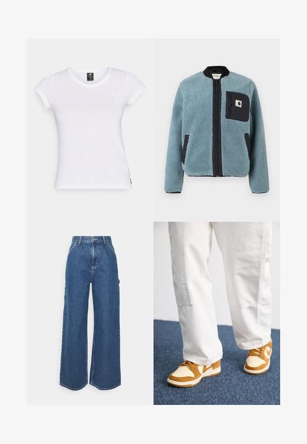 Giacca in pile blu con superficie texturizzata, tasche con zip nere, colletto alto e zip frontale. Presenta una patch con logo sulla tasca del petto.; T-shirt bianco a maniche corte con scollatura tonda, realizzato in tessuto morbido. Presenta un piccolo logo sul petto e un orlo dritto.; Pantaloni in denim blu a gamba larga con vita alta, cuciture a contrasto e tasche laterali, caratterizzati da un classico design a cinque tasche e orli grezzi.; Sneakers marroni e crema realizzati in suede e pelle, con punta perforata, lacci e suole bianche. Indossati con pantaloni bianchi.