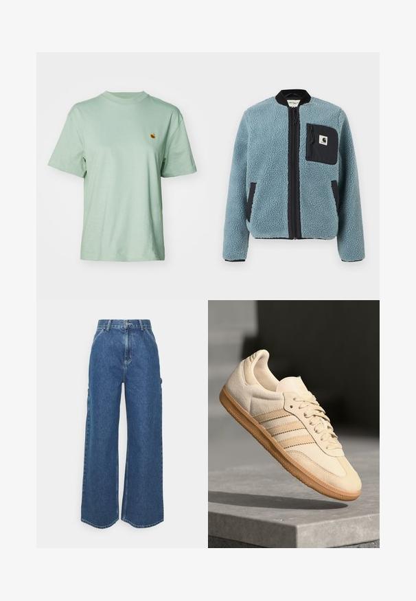 Giacca in pile blu con superficie texturizzata, tasche con zip nere, colletto alto e zip frontale. Presenta una patch con logo sulla tasca del petto.; T-shirt in cotone verde menta con scollo a girocollo, maniche corte e un piccolo logo ricamato sul petto. Tessuto morbido e vestibilità comoda.; Pantaloni in denim blu a gamba larga con vita alta, cuciture a contrasto e tasche laterali, caratterizzati da un classico design a cinque tasche e orli grezzi.; Sneaker in suede beige chiaro con suola in gomma, tre strisce diagonali e punta con texture. Presenta il logo sulla linguetta e sul lato.