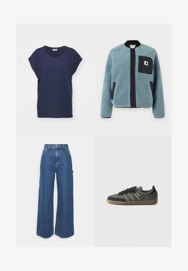 Blå fleecejakke med en teksturert overflate, svarte glidelåslommer, stående krage og frontglidelås. Har logopatch på brystlommen.; Mørkeblå t-skjorte med korte ermer laget av myk stoff, med rund hals og løs passform med sidespalter for komfort og bevegelsesfrihet.; Videbeinete blå denimbukser med høy midje, kontraststing, og sidelommer, med et klassisk fem-lommers design og rå kanter.; adidas Originals SAMBA OG - Joggesko - core black/legend earth/gum