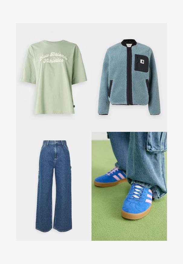 Jachetă din fleece albastru cu o suprafață texturată, buzunare cu fermoar negre, guler în picioare și fermoar frontal. Dispune de o inscripție logo pe buzunarul de la piept.; Tricou din bumbac verde, cu un logo crem "New Balance Athletics" curbat pe partea din față, cu mâneci scurte și o croială lejeră.; Pantaloni din denim albastru cu talie înaltă și picioare largi, cu o cusătură contrastantă și buzunare laterale, având un design clasic cu cinci buzunare și margini brut.; Pantofi din piele întoarsă albaștri cu dungi roz și șireturi albe, având o talpă din cauciuc gumat, asortați cu pantaloni din denim largi pe o suprafață verde.