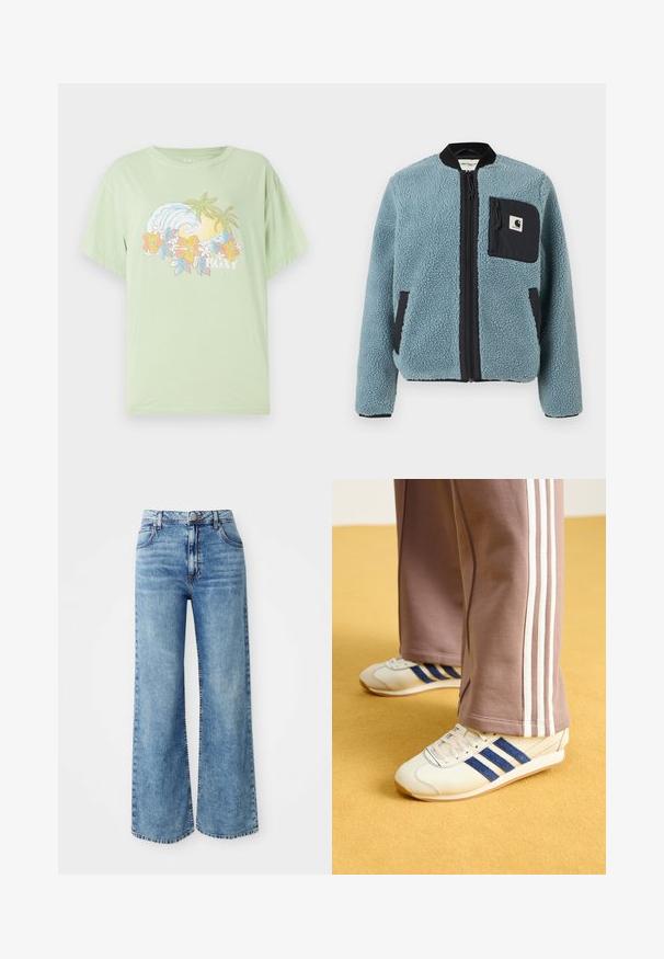 Modrá fleecová bunda s textúrovaným povrchom, čiernymi zipsovými vreckami, stojacim golierom a predným zipsom. Obsahuje logovú nášivku na vrecku na hrudi.; Svetlozelené tričko s krátkym rukávom s grafickým motívom vlny a kvetín, s názvom značky "ROXY" v bielej farbe. Mäkký bavlnený materiál.; Svetlomodré rifľové nohavice so širokými nohavicami a vysokým pásom, obsahujúce päť vreciek, uzatváranie pomocou horného gombíka a kontrastné šitie pozdĺž švov.; Krémové tenisky s modrými semišovými pruhmi, bielymi šnúrkami a gumovou podrážkou. Tento outfit dopĺňajú šedé teplákové nohavice s bielymi bočnými pruhmi.