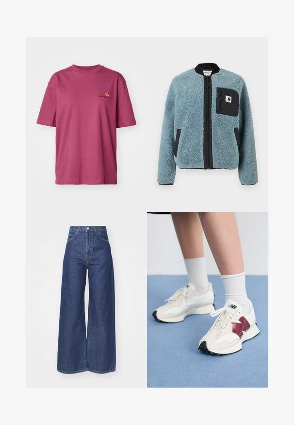 Modrá fleecová bunda s textúrovaným povrchom, čiernymi zipsovými vreckami, stojacim golierom a predným zipsom. Obsahuje logovú nášivku na vrecku na hrudi.; Carhartt WIP AMERICAN SCRIPT - Základné tričko - dusty fuchsia; Džínsy so širokými nohavicami vyrobené z tmavomodrého denimu. Vysoký pás so zapínaním na zips a gombík. Obsahuje klasický štýl s piatimi vreckami a obšité okraje.; Pár bielych tenisiek s bordovými akcentmi, štruktúrovanými panelmi, plochou čiernou podrážkou a svetlými šnúrkami, nosených s bielymi členkovými ponožkami.