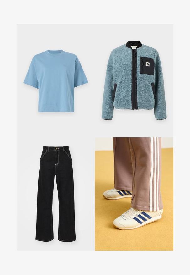 Blue fleece jacket with a textured surface, black zip pockets, standing collar, and front zipper. Features logo patch on chest pocket.; Light blue short-sleeve t-shirt made of cotton, featuring a round neckline and a small logo on the chest. Relaxed fit with a smooth texture.; Black wide-leg jeans made of denim, featuring contrasting white stitching and a front button closure, with two angled front pockets.; Cream sneakers with blue suede stripes, white laces, and a rubber sole. Paired with gray sweatpants featuring white side stripes.