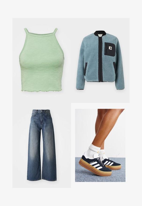 Blue fleece jacket with a textured surface, black zip pockets, standing collar, and front zipper. Features logo patch on chest pocket.; Green ribbed crop top with thin straps, featuring a scalloped hem and a textured fabric. No prominent hardware or patterns.; Blue high-waisted wide-leg jeans with front button and pockets, faded texture on thighs and a straight hem.; Black suede sneakers with white stripes and accents, rounded toe, gum rubber outsole, paired with white ribbed crew socks.