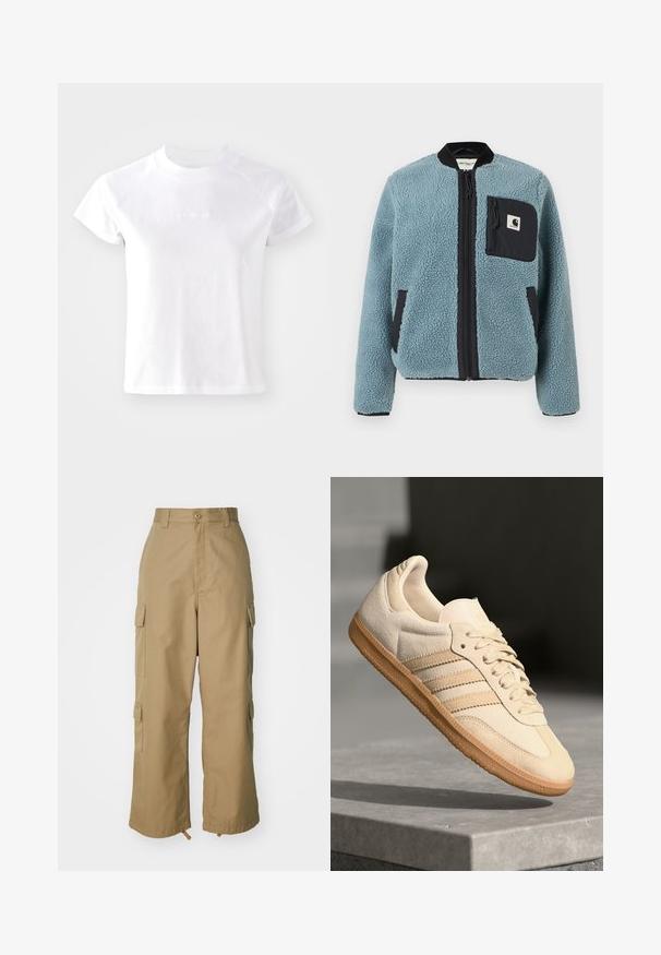 Giacca in pile blu con superficie texturizzata, tasche con zip nere, colletto alto e zip frontale. Presenta una patch con logo sulla tasca del petto.; T-shirt bianco a maniche corte con scollatura rotonda, realizzato in morbido cotone. Presenta un logo discreto sul davanti e una vestibilità comoda.; Pantaloni cargo beige con vita alta, gamba ampia e quattro grandi tasche laterali. Realizzati in un tessuto resistente con una texture liscia e dettagli minimi.; Sneaker in suede beige chiaro con suola in gomma, tre strisce diagonali e punta con texture. Presenta il logo sulla linguetta e sul lato.