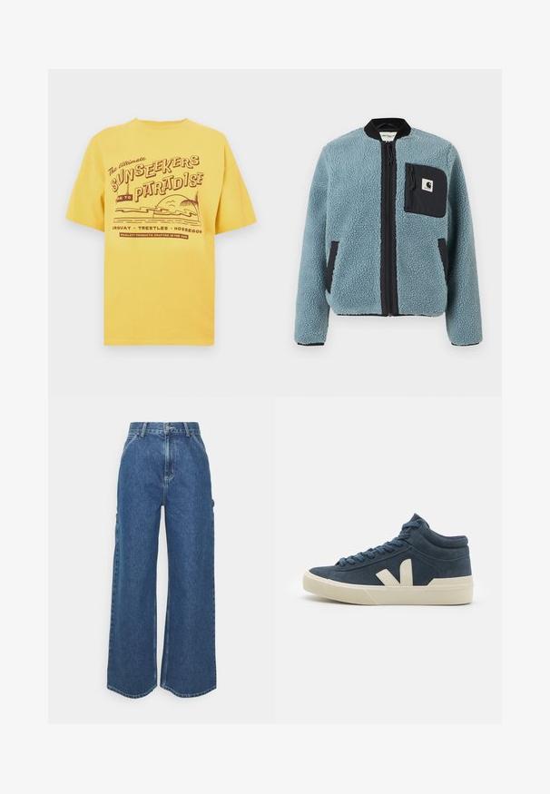 Blue fleece jacket with a textured surface, black zip pockets, standing collar, and front zipper. Features logo patch on chest pocket.; Yellow cotton t-shirt featuring a graphic design with text "Sunseekers Paradise" and beach elements. Short sleeves and a round neckline.; Wide-leg blue denim trousers with a high waist, contrasting stitching, and side pockets, featuring a classic five-pocket design and raw hems.; High-top sneakers made of navy suede with cream accents. Features a textured sole and flat laces, showcasing a minimalistic design.