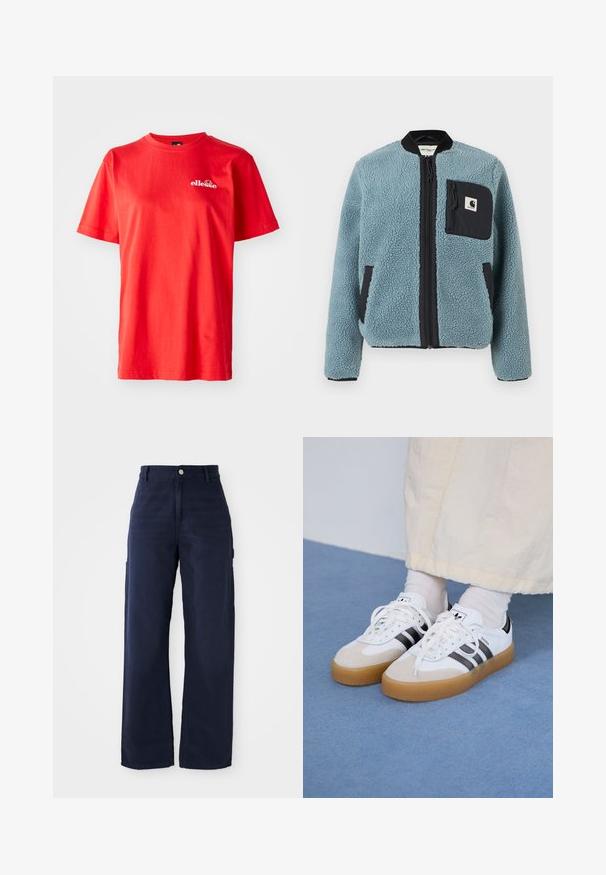 Sinine fliisjakk tekstuuriga pinnaga, mustade lukuga taskud, seisva kaelusega ja ees lukuga. Rindade taskul on logoapplikatsioon.; Punane puuvillane T-särk lühikeste varrukatega, ümmargune kaelus ja väikese valge logoga rinnal. Sile tekstuur ja klassikaline lõige.; Tumed sinised laiad cargo püksid, valmistatud vastupidavast puuvillakangast, küljetaskute ja nup closure'iga vööl.; Valged tossud mustade triipudega ja beeži nahaga aktsentidega. Omavad tekstuuriga kummist talla ja lamedaid valgeid paelu, kantud heledate sokkidega.