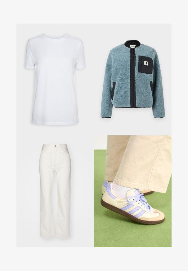 Sininen fleece-takki, jossa on teksturoitu pinta, mustat vetoketjulliset taskut, pystykalad ja etuvetoketju. Rinnataskussa logo-patch.; Valkoinen lyhytnähtärinen t-paita, joka on valmistettu puuvillasta. Pyöreä pääntie, sileä pinta ilman näkyviä kuvioita tai yksityiskohtia. Yksinkertainen tyyli.; Valkoiset farkuhousut, joissa on korkea vyötärö ja leveä lahje. Ominaisuuksiin kuuluu nappi- ja vetoketjukiinnitys, vyölenkit ja huomaamattomat ompeluseikat.; Kermasilta ja laventelilta näyttävät lenkkarit kolmella raidalla ja teksturoidulla ruskealla pohjalla, varustettuna nauhoilla ja pehmustetulla kantapäällä. Pehmeä kangaspinta.