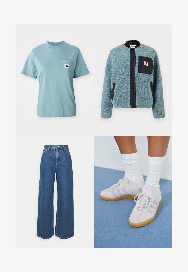 Modra flis jakna z teksturirano površino, črnimi zadrgami na žepih, stojnim ovratnikom in sprednjo zadrgo. Ima oznako na žepu na prsih.; Svetlo modra kratkotrajna bombažna majica s kratkimi rokavi s prsno žepom, ki ima majhen črno-beli emblem Carhartt.; Široke modre denim hlače z visokim pasom, kontrastnim šivom in stranskimi žepi, ki vključujejo klasičen pet-džepni dizajn in robove brez obdelave.; Svetlosivi suedi čevlji z gumijastim podplatom, okrašeni s tremi lilasto-vijoličastimi črtami, ravne vezalke in bele rebraste nogavice. Postavljeni na modro ozadje.