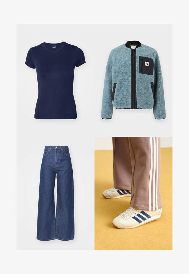 Modrá fleecová bunda s texturovaným povrchem, černými zipovými kapsami, stojatým límcem a předním zipem. Obsahuje nášivku loga na kapsičce na hrudi.; Gina Tricot SOFT TOUCH TOP - Jednoduché tričko - black iris; Široké džíny vyrobené z tmavě modrého denimu. Vysoký pas s zipem a knoflíkovým zapínáním. Obsahují klasický pětikusý styl a obroubené okraje.; Krémové tenisky s modrými semišovými pruhy, bílými tkaničkami a gumovou podrážkou. Spárovány se šedými tepláky s bílými bočními pruhy.